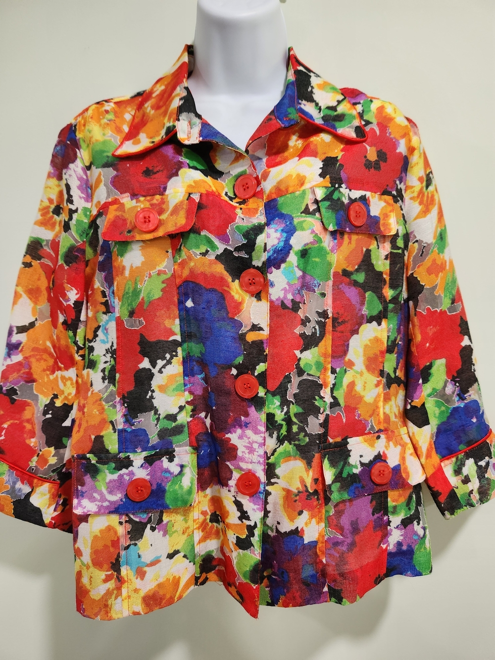 erin london Multicolor Floral Button Jacket with Red Buttons